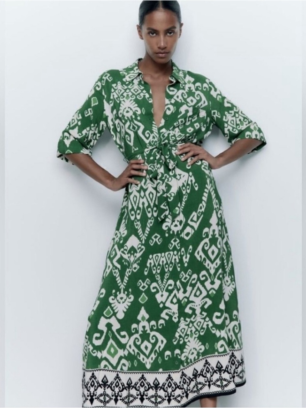zara the allison button down shirt midi green pattern dress medium